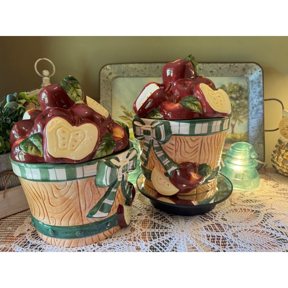 Vintage Young's Inc 1999 Apple Basket Ceramic Canister Set of 2 Red Green 9"